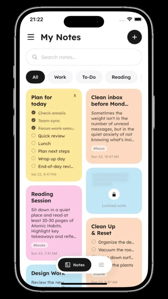 Notes list screen of the Quick Note app