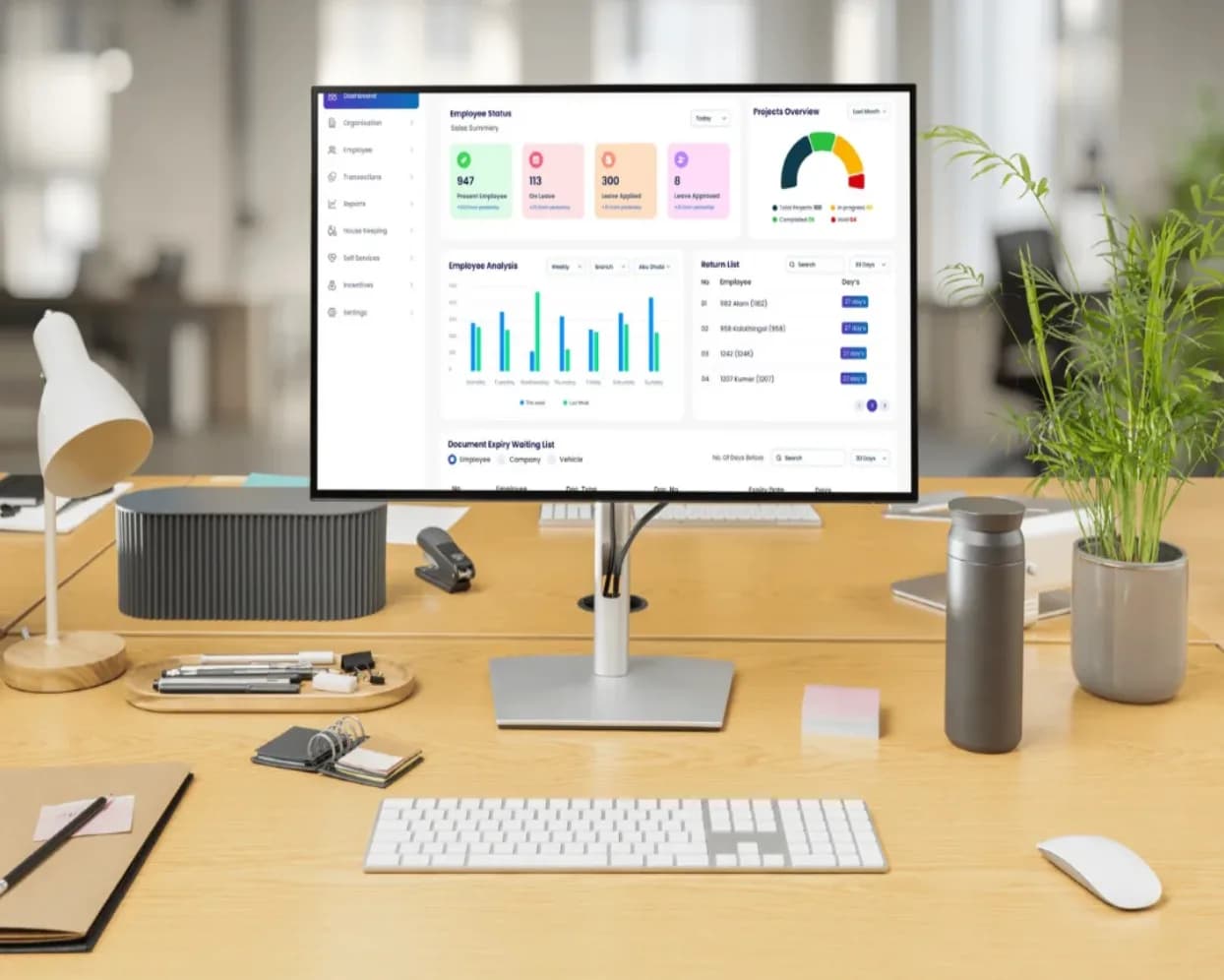 An ERP management dashboard on a monitor on an office desk