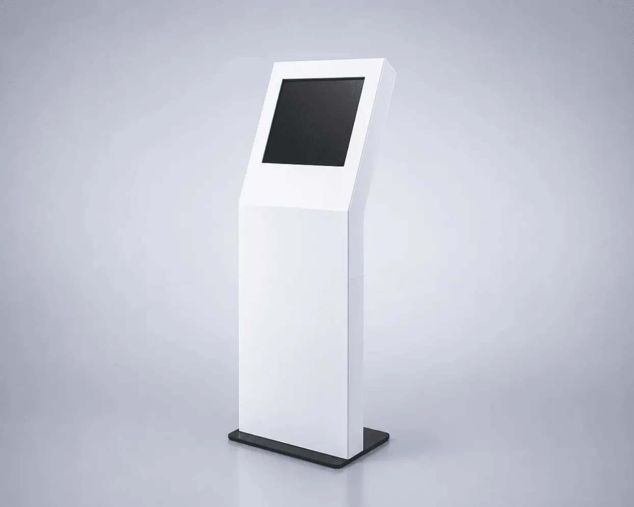 A white free-standing kiosk with a touchscreen