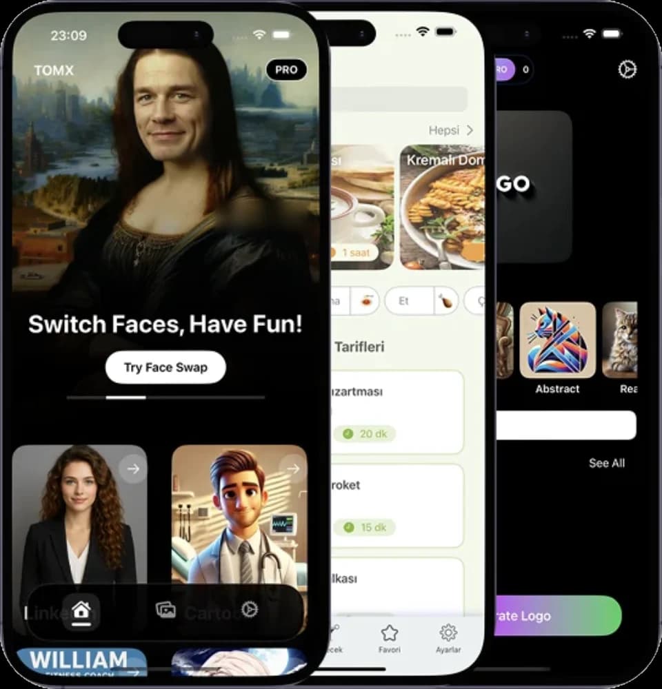 Screens of three mobile apps built by TOMX