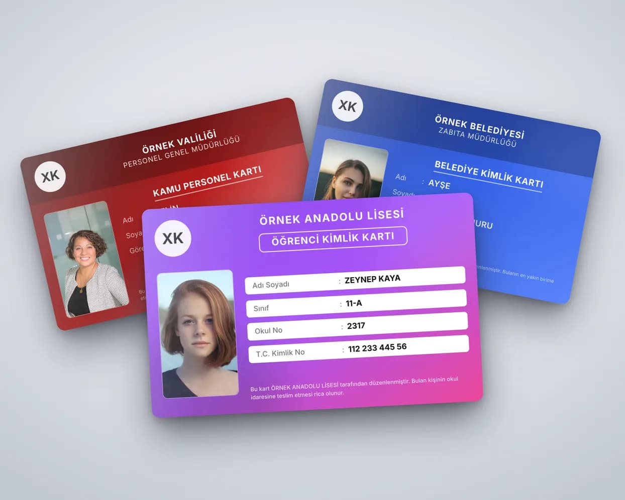 Three plastic photo ID cards: public staff, municipal and student cards